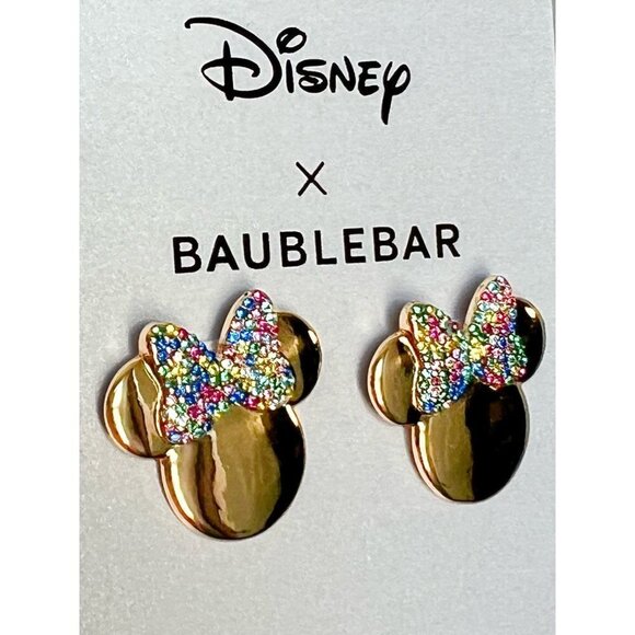 DISNEY X BAUBLEBAR Minnie Mouse Rhinestone Statement Studs Gold Mirror Earrings - Picture 2 of 4